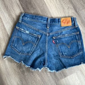 Levi’s Raw Hem 501 Button Fly Distressed Denim Jean Shorts